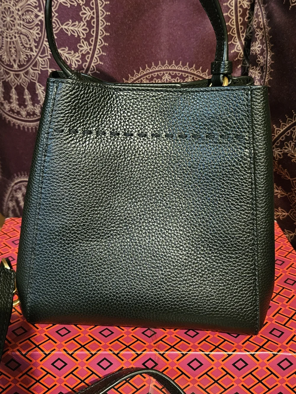 Tory Burch Black Pebbled Leather Bucket Bag
